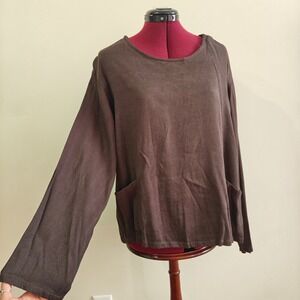 Bryn Walker Womens Top Long Sleeve Brown Textured Boxy  Pockets Lagenlook Relax